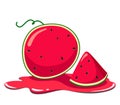 Juicy and cartoon watermelon with a slice of watermelon in the juice. Vector and bright watermelon isolate on white background Royalty Free Stock Photo