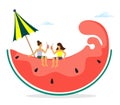 Vector illustration of a stylized watermelon wedge with summer characters of girls. Vector isolate on white background