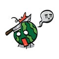 watermelon cartoon character in shock with a knife stuck on it. Vector illustration decorative design