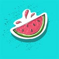 Watermelon cartoon sticker. Sweet fruit label. Patch and print for t-shirt, fabric, clothes. Menu item. Juice and summer