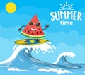 Watermelon characters surfing on wave. Royalty Free Stock Photo