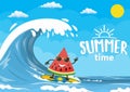 Watermelon characters surfing on wave. Royalty Free Stock Photo