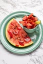 Watermelon with chili powder and chamoy. Mexican food Royalty Free Stock Photo