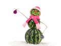 Watermelon christmas snowman in pink hat and scarf at snow. Holiday concept for New Years.