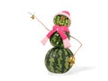 Watermelon christmas snowman with two golden bells in pink hat and scarf isolated. Holiday concept for New Years Royalty Free Stock Photo