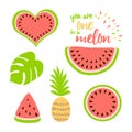 Watermelon clip art collection Watermelon slice graphic set Tropical fruit Pineapple Round cartoon stiker kit vector