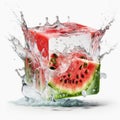 Watermelon cube splash under ice cube Royalty Free Stock Photo