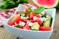 Watermelon, cucumber and feta cheese salad, close up Royalty Free Stock Photo
