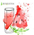 Watermelon drink with slice of watermelon. Fresh juice in glass with watermelon peace. Watercolor hand draw art work.