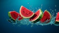 Watermelon dropped on the bue water surface with Watermelon slice and water splash. Generative AI Royalty Free Stock Photo