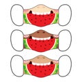 Set of reusable masks with cute kids eating watermelon slice