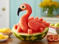 Watermelon flamingo: carve the watermelon to resemble a flamingo\'s body, use a banana for the neck and head.Generative AI