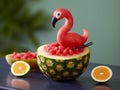 Watermelon flamingo: carve the watermelon to resemble a flamingo\'s body, use a banana for the neck and head.Generative AI
