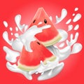 Watermelon Fresh fruit, 3d realistic water melon piece slice with milk juice splash. Royalty Free Stock Photo