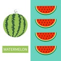 Watermelon fruit icon set. Round water melon. Red slice with seeds in a row. Cut half. Healthy food. Flat lay design. Bright color Royalty Free Stock Photo