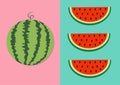 Watermelon fruit icon set. Round water melon. Red slice with seeds in a row. Cut half. Healthy food. Flat lay design. Pastel brigh Royalty Free Stock Photo