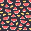 Watermelon fruit pattern on dark. Bright beautiful citrus seamless background. Vector illustration in flat