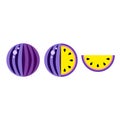 Watermelon fruit Vector Yellow Violet flat icons set on white background. Cartoon watermelons cute kawaii style. Funny water melon Royalty Free Stock Photo