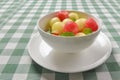 Watermelon granita ice cream. Melon and watermelon sorbet ice cream balls in a white bowl over green plaid table cloth. Royalty Free Stock Photo