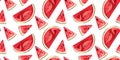 Watermelon half and slices seamless pattern. Red watermelon piece with bite. Illustration of watermelon freshness nature. Cartoon