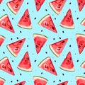 Watermelon half and slices seamless pattern. Red watermelon piece with bite. Illustration of watermelon freshness nature. Cartoon