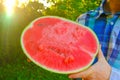 Watermelon harvest.Watermelon pulp close-up.Watermelon in a cut in hands in a summer garden in the rays of the sun Royalty Free Stock Photo