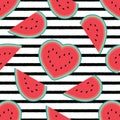 Watermelon hearts pattern with horizontal black stripes. Flat cartoon style. Minimalist, simple. Seamless vector. Royalty Free Stock Photo