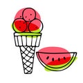 Watermelon Ice Cream cone. Red fruit piece with ice cream ball in waffle cone. Hand drawn sketch with bright red, green backdrop. Royalty Free Stock Photo