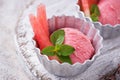 Watermelon ice cream in metal bowls