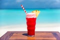 Watermelon Ice Cream Soda Float cocktail with straw on wooden table with ocean background at the beach Royalty Free Stock Photo