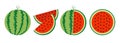 Watermelon icon set line. Whole ripe green stem. Slice cut half seeds. Green Red round fruit berry flesh peel. Natural healthy Royalty Free Stock Photo