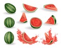 Watermelon icons set of whole, cut in half and slices ripe red fruit in 3d realistic cartoon style. Natural sweet food Royalty Free Stock Photo