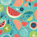 watermelon and kiwi slices on a light blue background