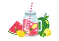 Watermelon lemonade in glass jar with slice lemon, ice , mint, watermelon, straw. Royalty Free Stock Photo