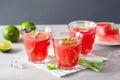 Watermelon lemonade with lime and mint, summer refreshing drink Royalty Free Stock Photo