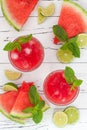 Watermelon lime cooler - refreshing summer watermelon drink with lime and mint. Top view