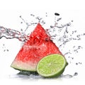 Watermelon, lime and water splash isolated Royalty Free Stock Photo
