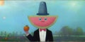 Watermelon man with a fruit instead of head, wearing a hat, a formal suit and a bowtie