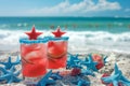 Watermelon margarita by the beach with starfish under azure sky Royalty Free Stock Photo