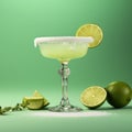 Classic Margarita Glass With Lime And Sugar On Green Background