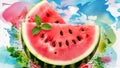 A watermelon with a mint leaf on it is shown, AI Royalty Free Stock Photo