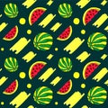 Watermelon multicolored seamless pattern. Drawn with markers and liner.