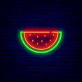 Watermelon neon icon. Summer signboard. Sweet berry. Healthy food design. Fruit shop emblem. Vector illustration