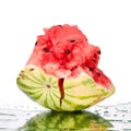 Watermelon big pieces with cracks and water drops on white mirror background with reflection isolated close up Royalty Free Stock Photo