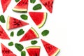 Watermelon pattern. Juicy slices of ripe red watermelon and mint leaves on white background. Flat lay, top view, copy space.