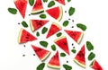 Watermelon pattern. Juicy slices of ripe red watermelon and mint leaves on white background. Flat lay, top view, copy space.