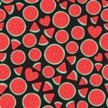 Watermelon pieces Seamless pattern surface design. Vector illustration isolated on black