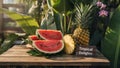 Watermelon and pineapple tropical fruit display with lush greenery background Royalty Free Stock Photo