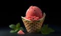 Watermelon pink sorbet ice cream in waffle isolated on black background. Refreshing summer food. Generative AI