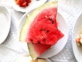 Watermelon on a plate, fruit dessert. Tasty, mouth-watering lunch. food photo, modern Royalty Free Stock Photo